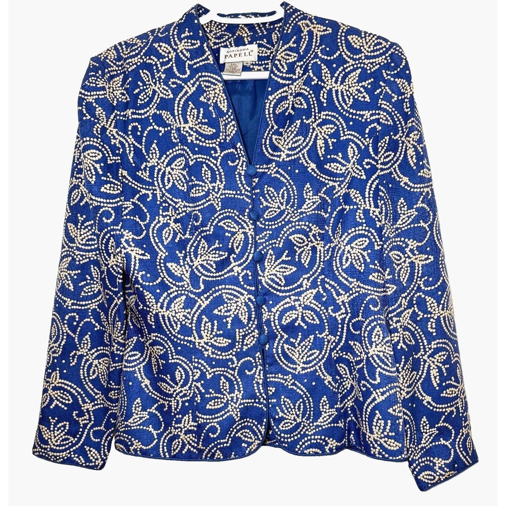 Vintage Adrianna Papell Silk Jacket Size 8 Blue Ivory Floral Button Front